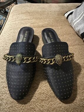 Kurt Geiger Black Studded Leather Mules with Antique Gold Chain